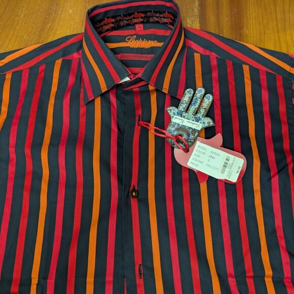 Luchiano Visconti Black Red Mens S Button up Shirt 2-Ply Mercerized Striped New - Picture 3 of 16